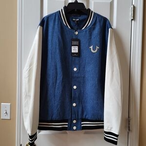 True Religion men's Quad Buddha Denim Varsity Jacket size L NWT